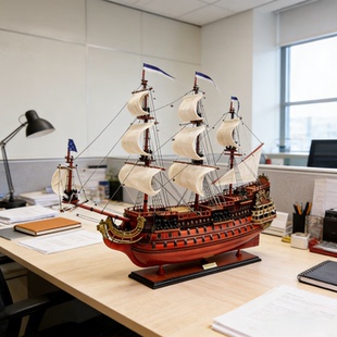 饰摆件送礼礼品 复古高端精细木质三桅帆船模型工艺船办公室桌面装