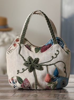 民族风手工编织帆布包多隔层手提包休闲风多夹层手拎袋拉链女布包