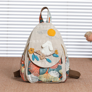 原创小众休闲帆布背包手工编织小清新旅游拉链夹层动物超轻双肩包