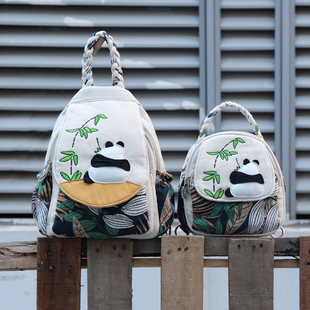撞色休闲动物夹层撞色多用背包 竖款 新款 熊猫亲子帆布双肩包新中式