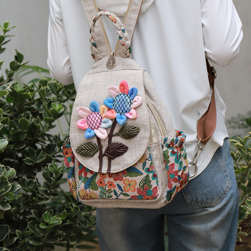 小清新手工立体花卉帆布包原创文艺百搭胸包竖款超轻多功能双肩包