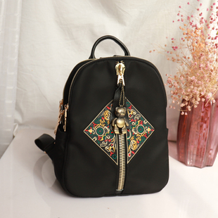 民族风绣花牛津布包拉链简约百搭三层双肩包旅行背包布袋防泼水包