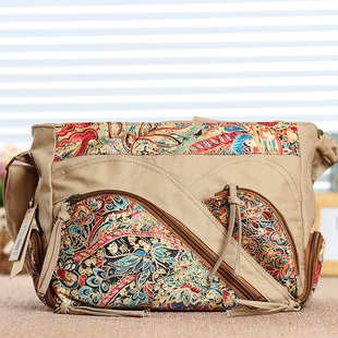 新款 女包民族风帆布包大斜跨包花布包休闲斜跨包布艺大容量女包包