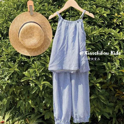 余140、150～女童清凉绵绸套装夏季碎花吊带衫防蚊裤轻薄人棉套装