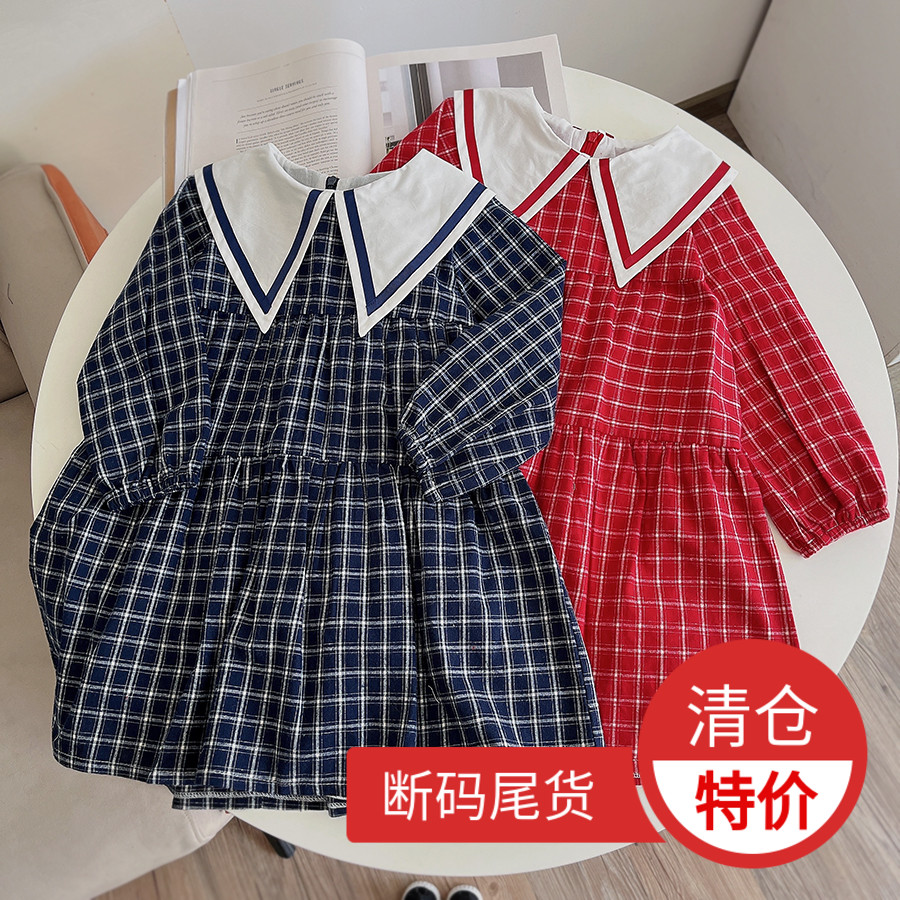 女童秋季连衣裙大翻领磨毛棉内衬长袖裙子韩版中大童女孩全棉裙衫