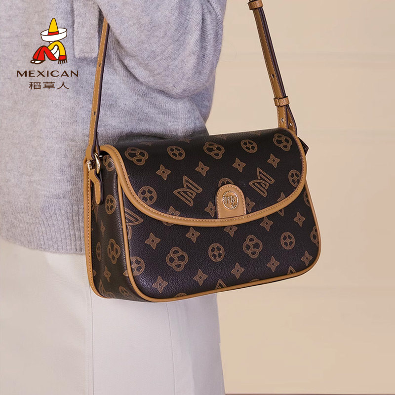 稻草人女包2025新款时尚斜挎包撞色复古小方包百搭单肩包官方正品