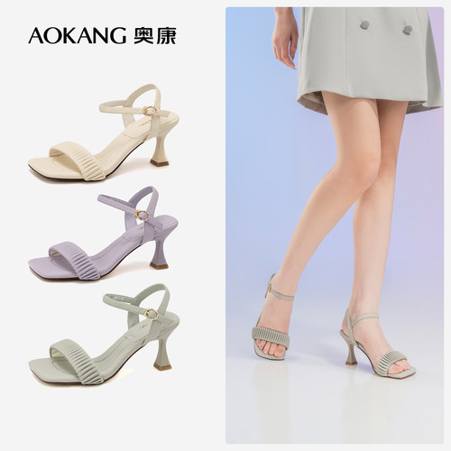 奥康女鞋 新款一字带露趾中空时装凉鞋薄荷曼波细高跟