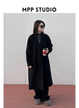 MPP原创女装设计黑色双面手工row风西装式气场长款大衣