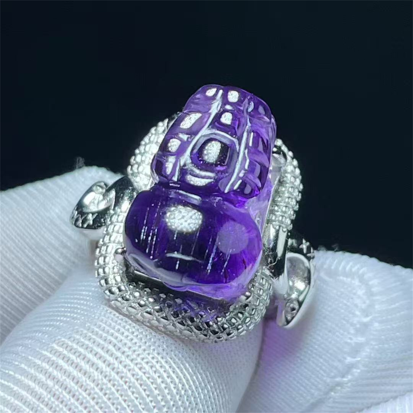 天然紫水晶超七发貔貅财富饰品银镶戒指活口可调礼物一物一图款