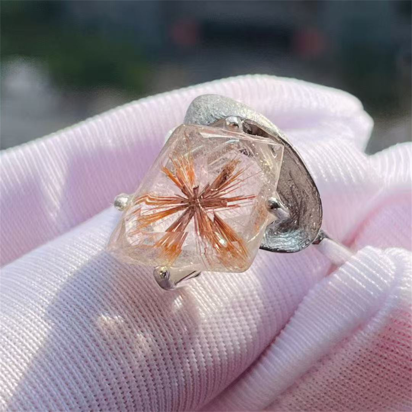 天然水晶发晶花随形裸石银镶嵌戒指活口可调节饰品礼物一物一图款