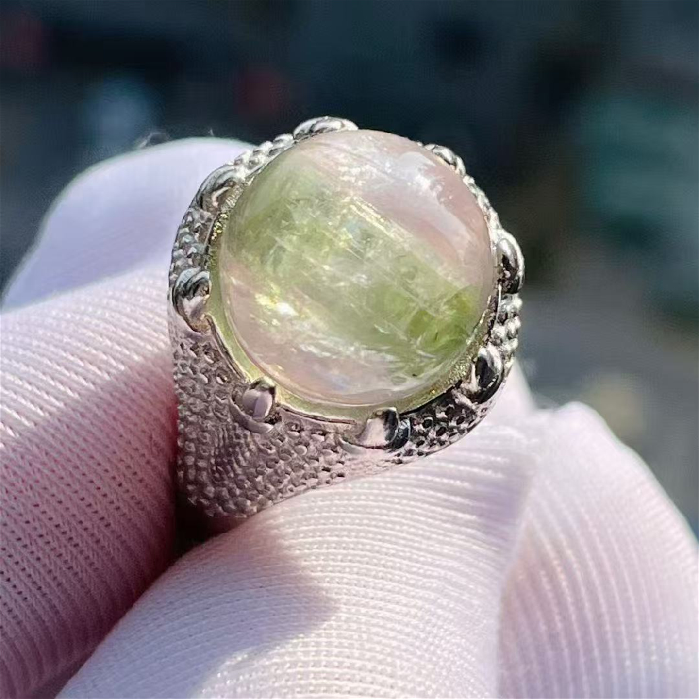 天然水晶包裹体碧玺柱圆珠12mm银镶戒指活口可调一物一图饰品礼物