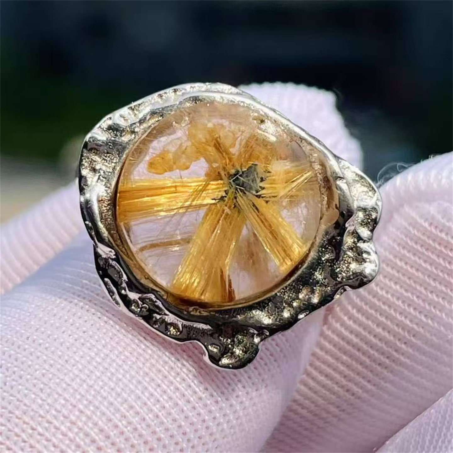 天然水晶钛金发花朵裸石银镶嵌戒指环活口可调节饰品一物一图款