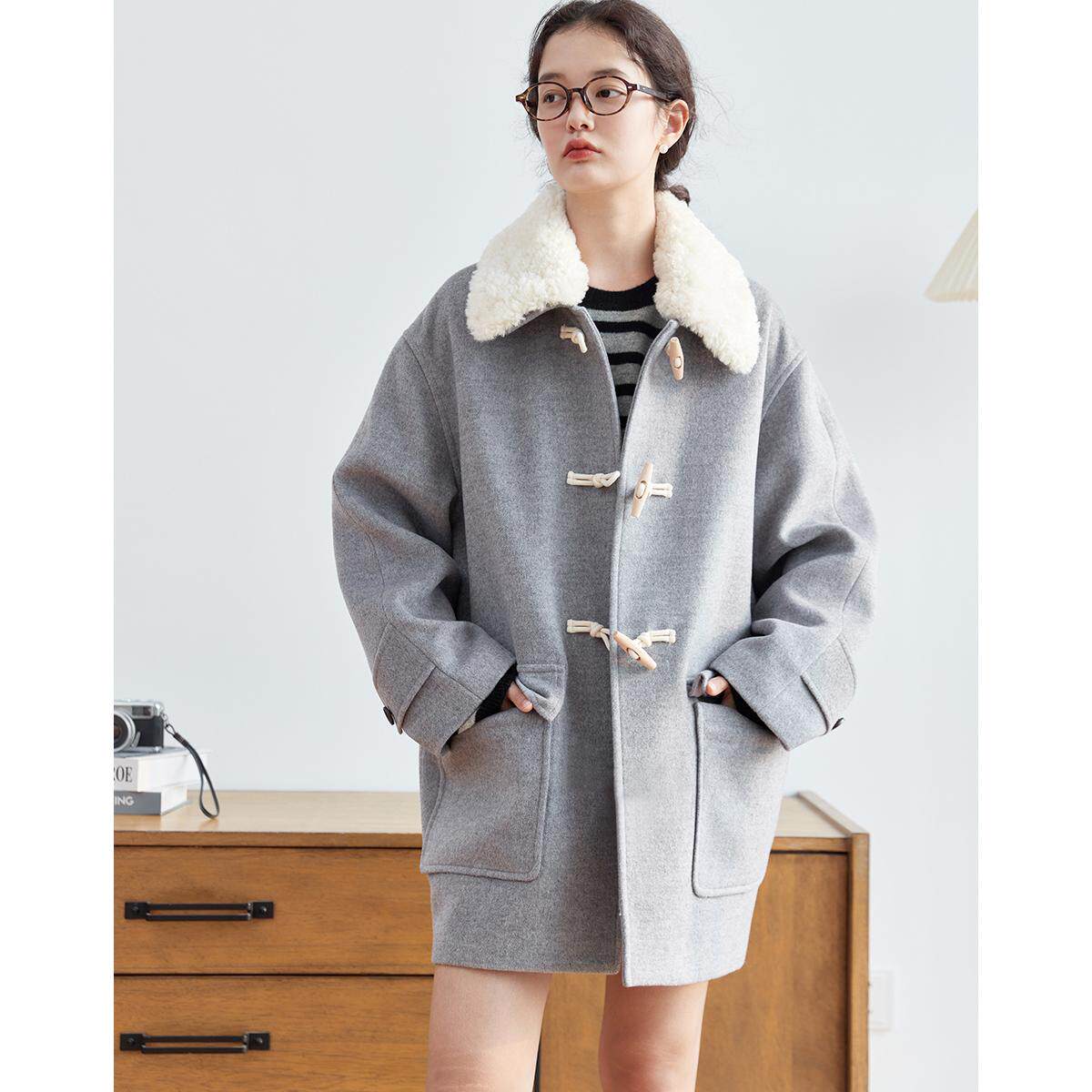 子陌冬季仿羊羔毛领毛呢大衣牛角扣中长款加厚呢子外套女