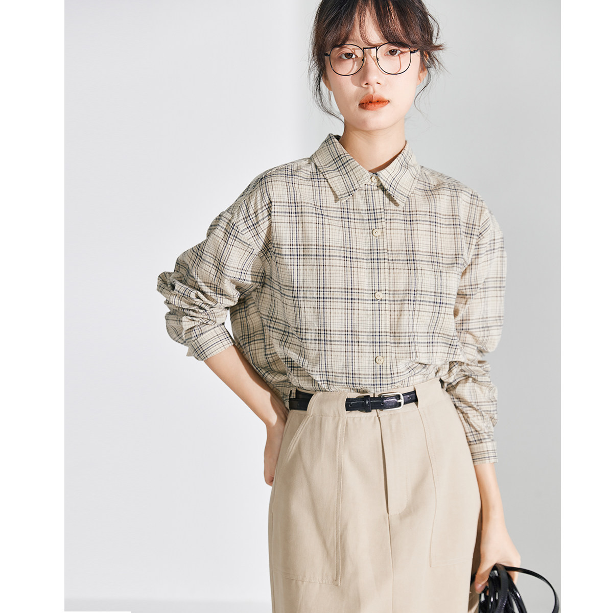 子陌新品秋季百搭文艺经典港风宽松格子棉衬衫长袖衬衣女