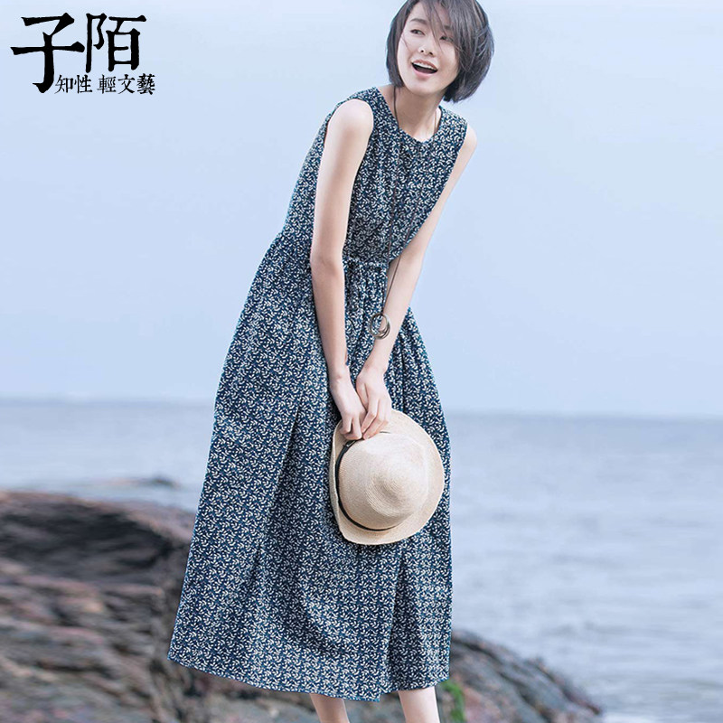 子陌文艺海边度假碎花连衣裙女夏装新款无袖长款