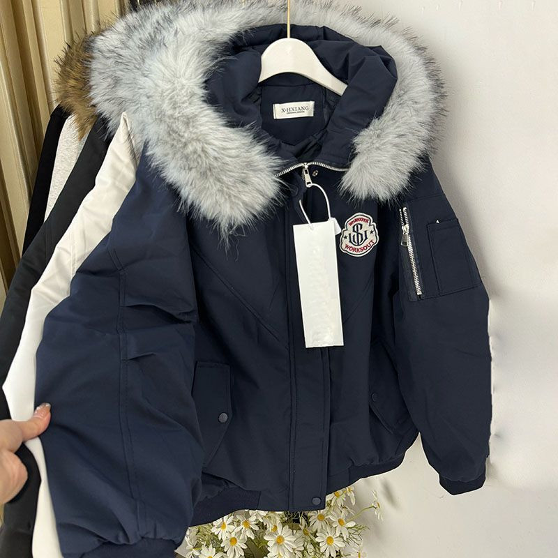 冬新款复古褶皱毛领夹棉保暖棒球棉服女初中高中学生宽松休闲棉衣