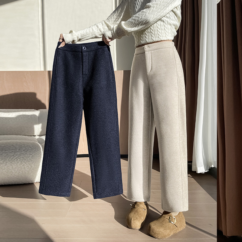 秋冬加绒加厚八分毛呢直筒裤女初中高中学生九分小个子保暖休闲裤