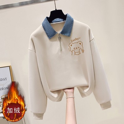 12秋冬宽松上衣13初中高中学生岁女孩polo领15加绒加厚长袖T恤16