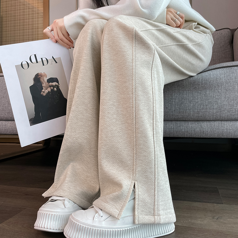 秋冬加绒加厚窄版阔腿裤女初中高中学生休闲直筒大码开叉毛呢裤子