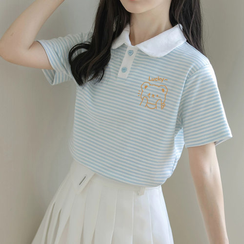 日系甜美学院风条纹软萌妹短袖T恤女夏季初中高中学生POLO衫上衣