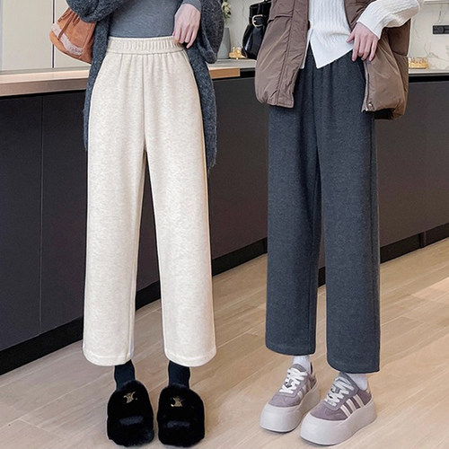 秋冬季加绒加厚八分直筒裤女初中高中学生小个子九分休闲毛呢裤子