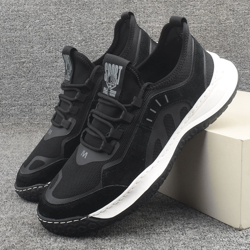 库存男士黑色磨砂皮飞织网面透气运动鞋时尚休闲鞋轻便舒适跑步鞋