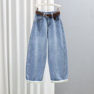 潮老爹裤 女浅蓝色宽松显瘦高腰哈伦裤 秋冬加绒加厚牛仔裤 2025新款