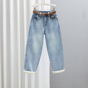 长裤 百搭宽松显瘦浅蓝色加绒哈伦裤 子 女老爹裤 2025秋冬加厚牛仔裤