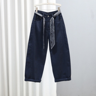 牛仔裤 宽松老爹裤 女高腰显瘦拼接时尚 百搭弯刀裤 2025秋季 长裤 新款