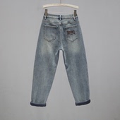 高腰宽松显瘦口袋字母刺绣哈伦裤 加绒加厚浅蓝色牛仔裤 女2025新款