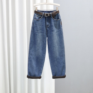 宽松松紧腰老爹裤 加厚显瘦百搭萝卜裤 女哈伦裤 2025秋冬加绒牛仔裤