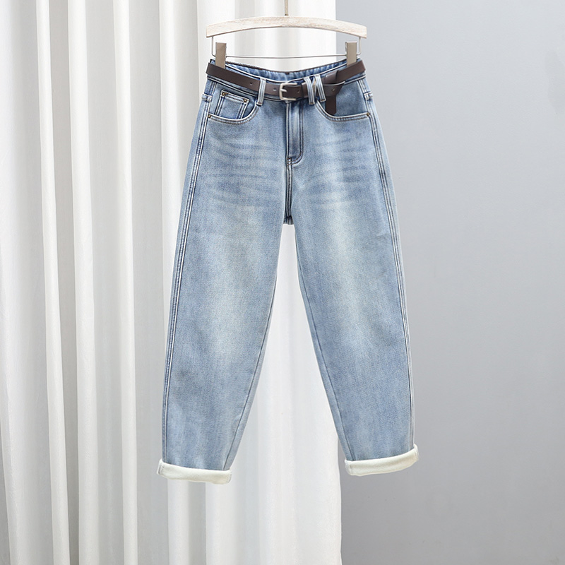 2025冬季加绒牛仔裤女浅蓝色加厚保暖哈伦裤潮时尚百搭萝卜裤新款