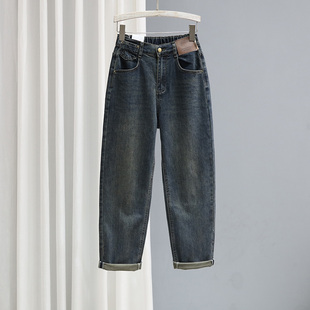 加绒加厚老爹裤 女半松紧高腰宽松显瘦哈伦裤 子 牛仔裤 2025秋冬新款
