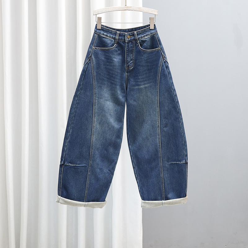 秋冬抓绒宽松牛仔裤女加厚老爹裤