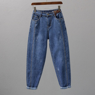 女春款 子潮流松紧腰哈伦裤 蓝色牛仔裤 欧货百搭长裤 时尚 宽松老爹裤