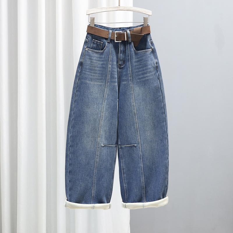 冬季加绒加厚弯刀牛仔裤女