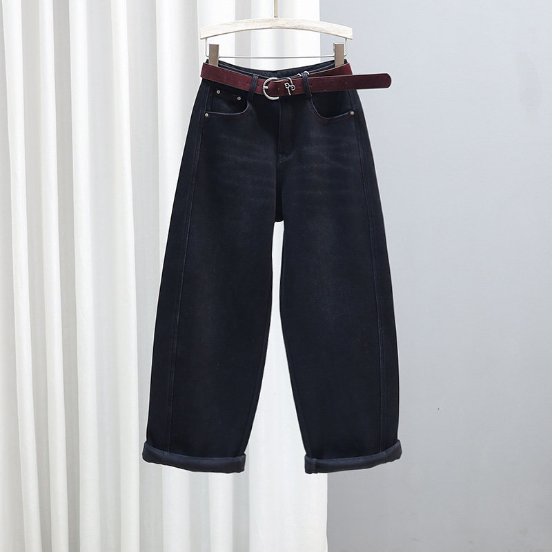冬季加绒加厚牛仔裤女高腰宽松