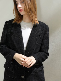 羊毛粗花呢小香风毛呢西装外套女秋冬时尚经典款金属丝黑色中长款
