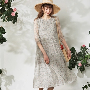文艺真丝连衣裙100%桑蚕丝小碎花夏宽松长款 裙高端A字茶歇裙 衬衫