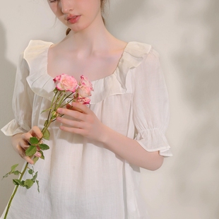 miccbeirn夏季 苎麻甜美减龄纯色荷叶袖 上衣温柔木耳领短T恤娃娃衫