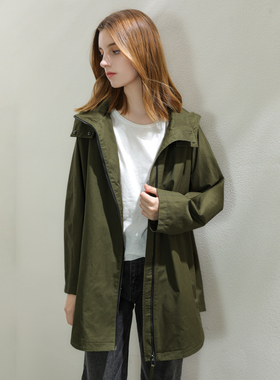 轻奢秋季新款港风时尚休闲百搭风衣外套女装简约大气中长款军绿色