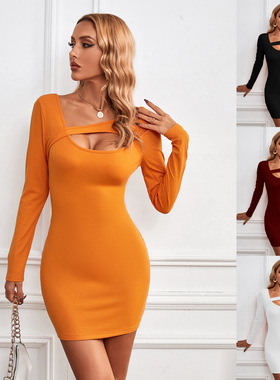 亚马逊跨境女装2026春夏欧美风性感不规则领包臀聚会纯色连衣裙