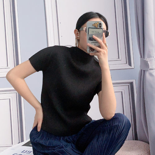 三宅上衣女夏季新款小衫基础百搭宽松显瘦小立领褶皱短袖t恤女薄
