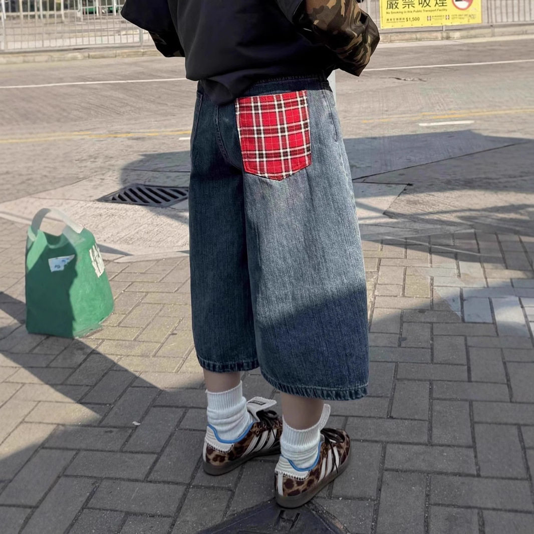 大码美式复古格子拼接牛仔七分裤女夏季休闲宽松高腰直筒阔腿裤子