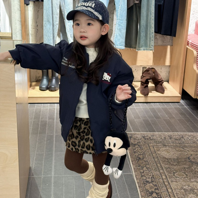 2025冬季新款童装 韩版童装 女童可爱猫咪刺绣夹棉棒球服 厚外套