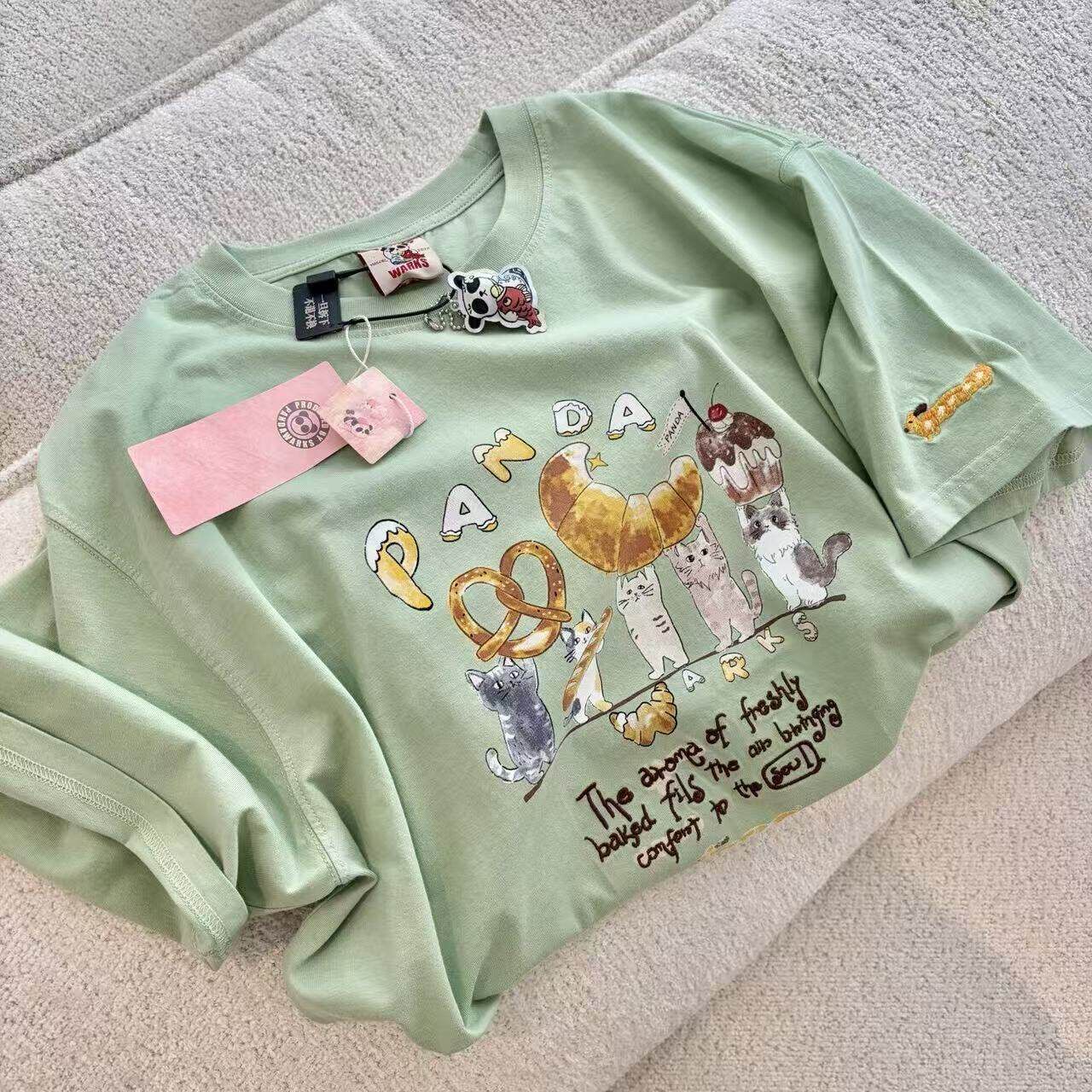 Pandawarks【水彩烘焙猫咪】超治愈美味面包180纯棉亲肤松弛百搭T