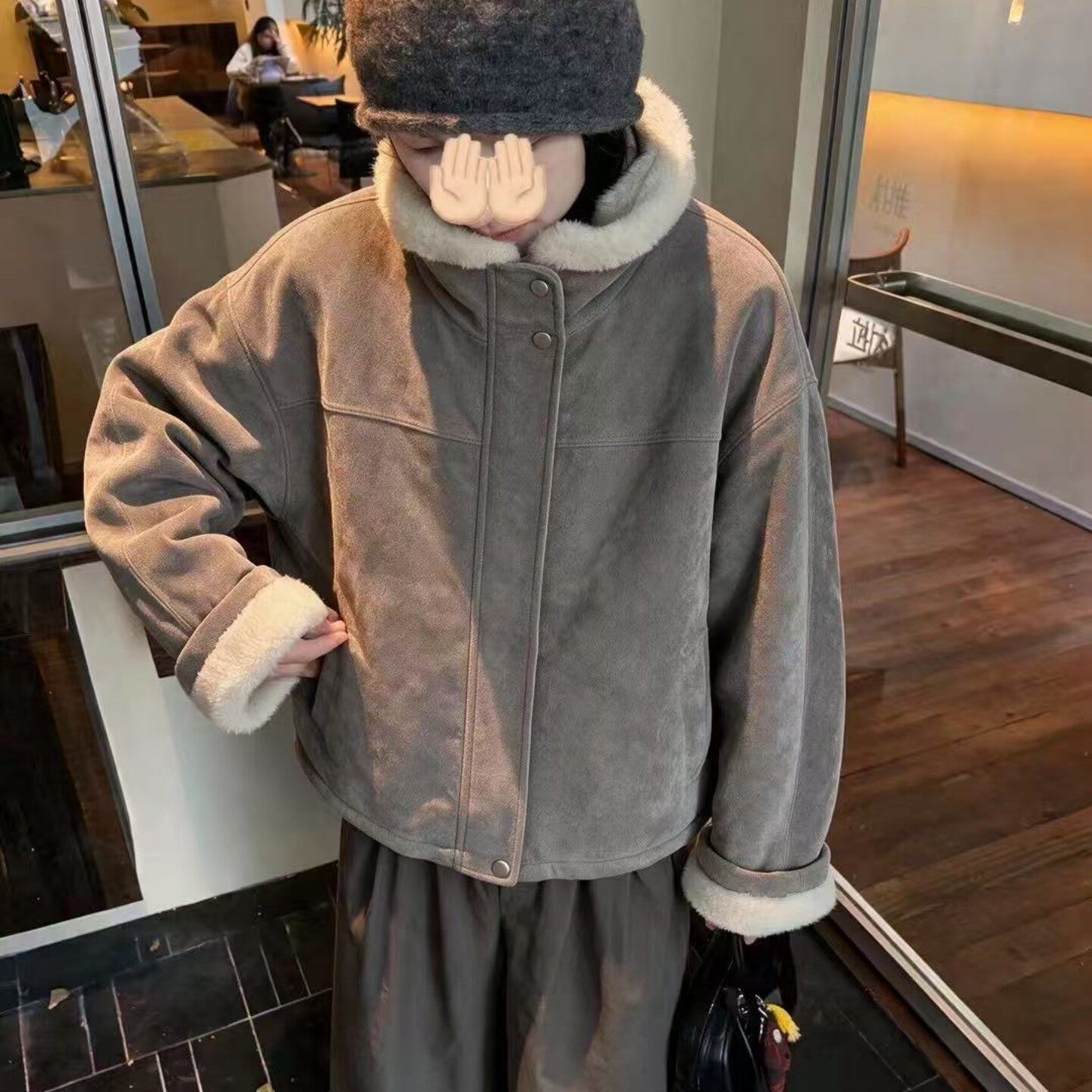 复古毛毛立领加绒软糯棉衣外套女