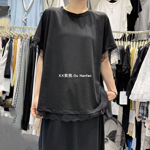 圆领蕾丝拼接花边短袖上衣T恤女t