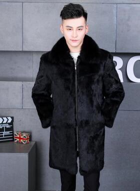 男士皮草大衣立领裘皮外套冬季新款兔毛带帽狐狸毛领中长款皮衣
