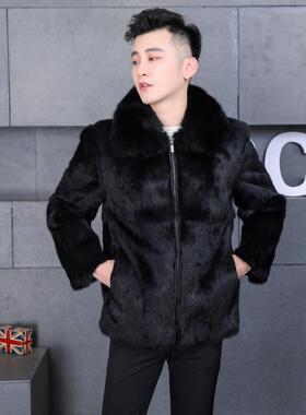 秋冬裘皮新款男士兔毛皮草外套狐狸毛领皮毛一体连帽立领休闲装